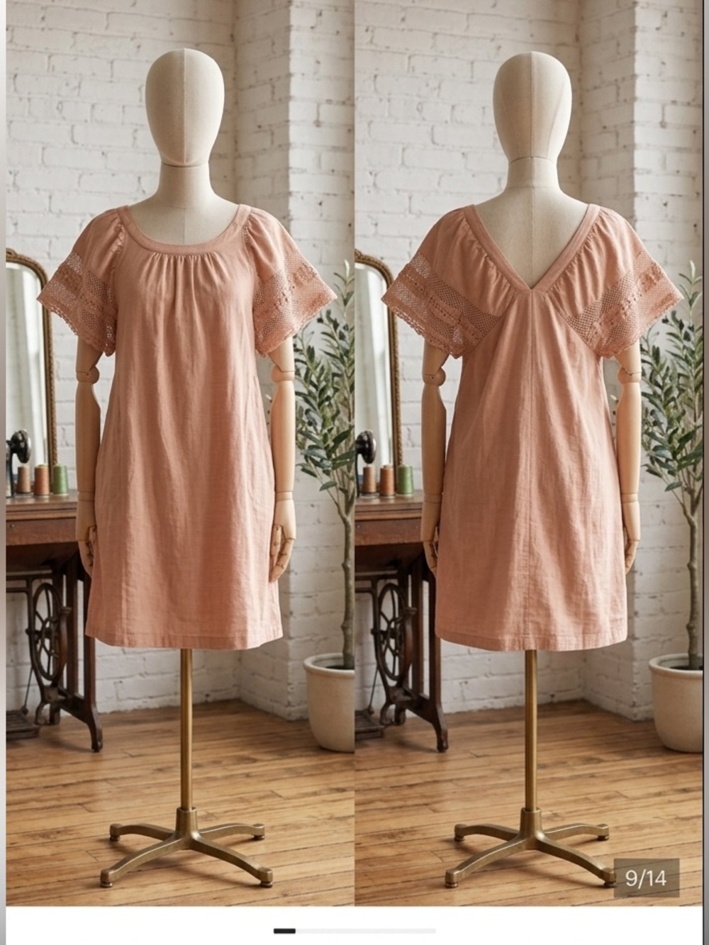 Old Navy Blush Cotton Shift Dress Lace Sleeves Pockets Boho Chic Small